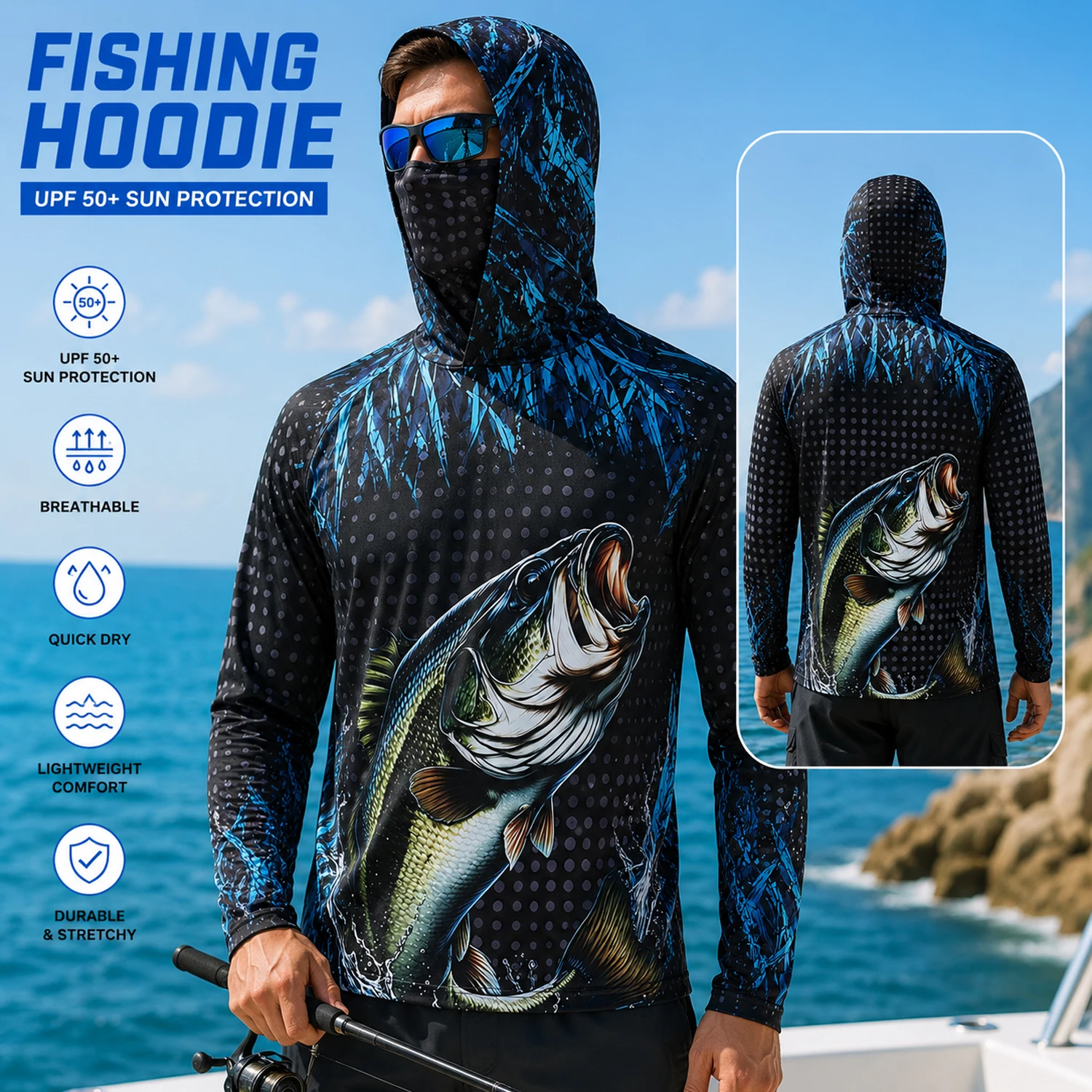 Fishing Mask Sun Protection - Мужская толстовка для рыбалки с защитой